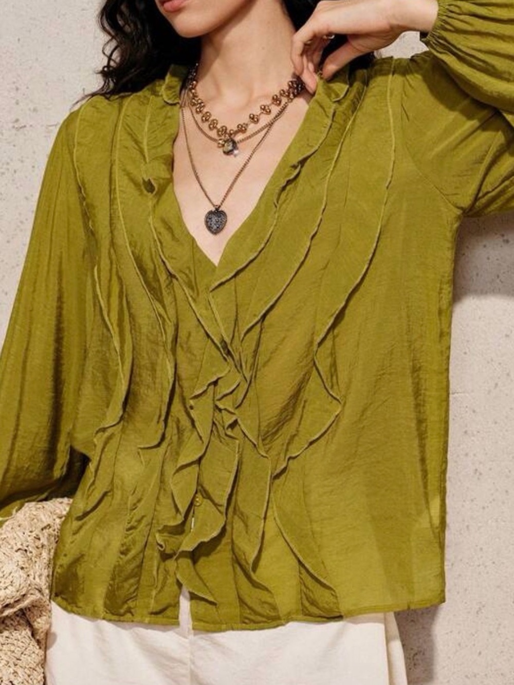 MODICHIC Olive Green Ruffle V-Neck Blouse - Picture 2 of 8